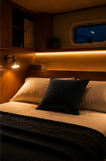 Warme LED verlichting in hut en leeshoek op een boot