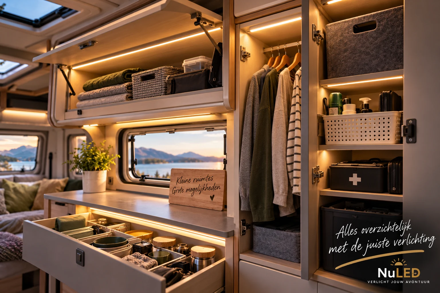 LED-verlichting in kasten en opbergruimte van een camper