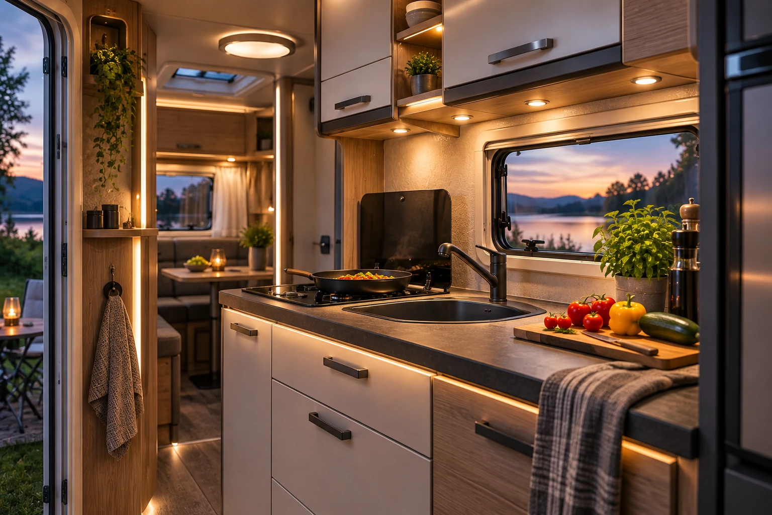 LED verlichting in de keuken van een caravan