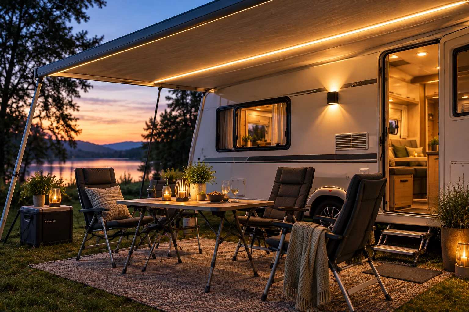 Sfeervolle LED verlichting onder de luifel van een caravan