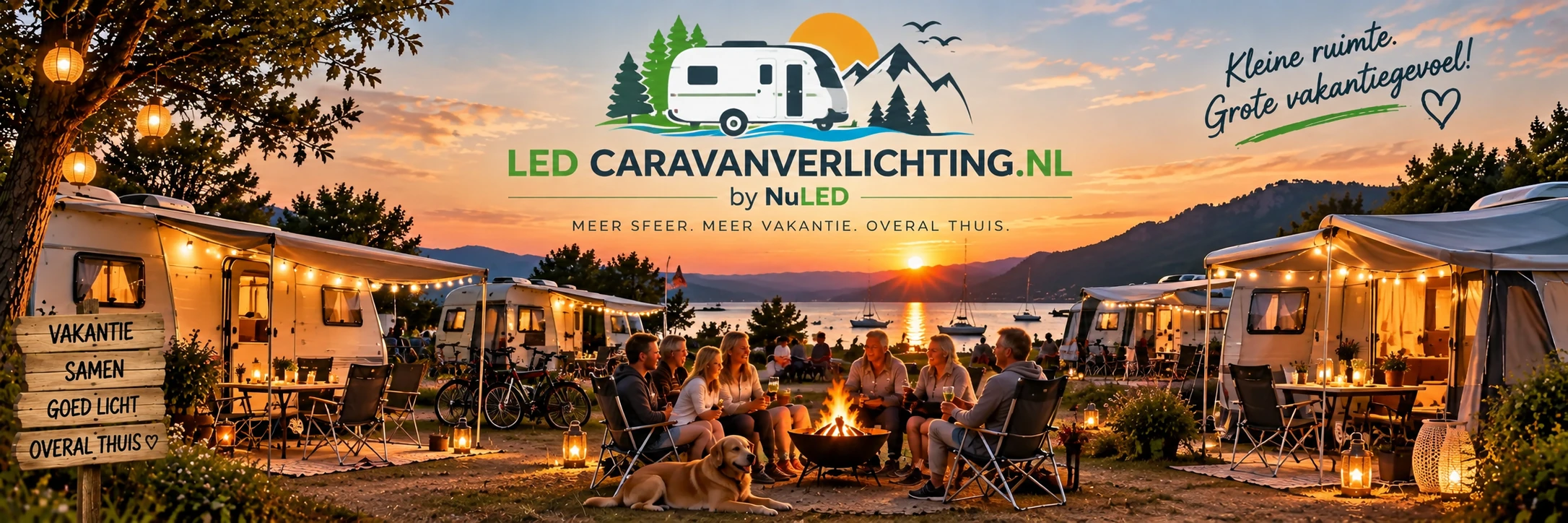 LED caravanverlichting op een gezellige camping bij zonsondergang