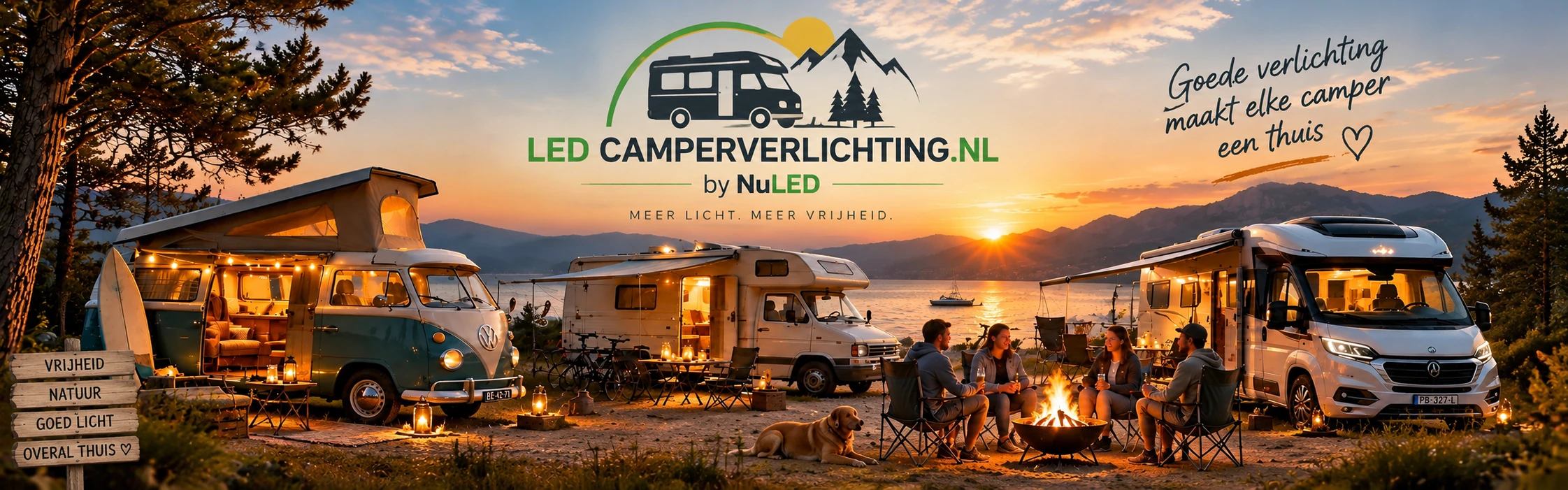 LED camperverlichting in sfeervolle campers tijdens een vakantie bij zonsondergang