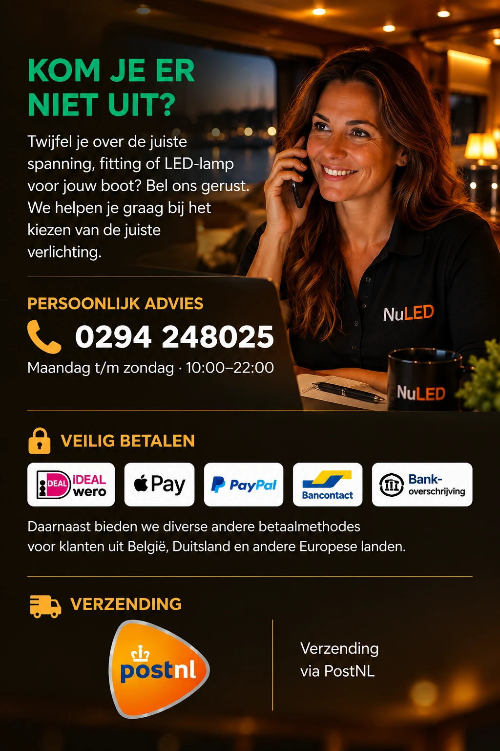 NuLED klantenservice met persoonlijk advies, veilige betaalmethodes en verzending via PostNL