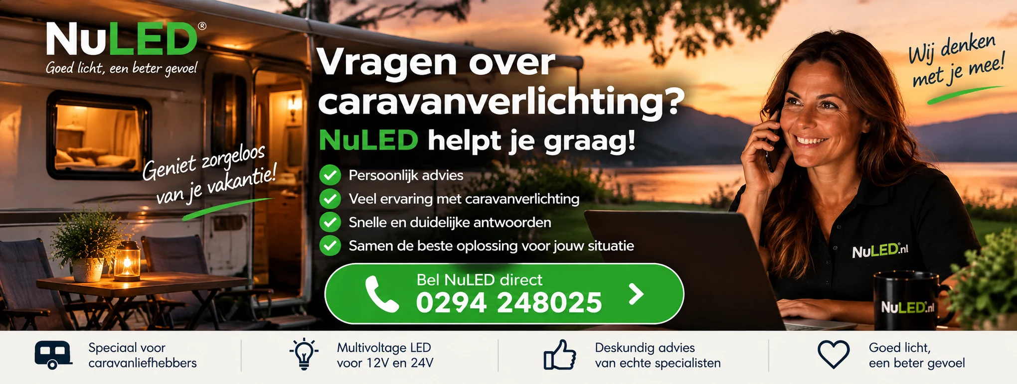 NuLED klantenservice voor caravanverlichting, persoonlijk advies via 0294 248025